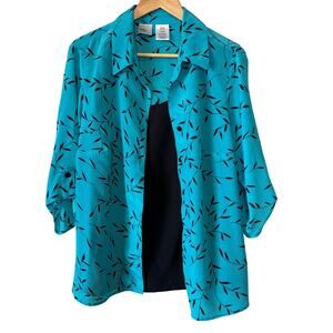 Vintage 90s JMS Just My Size Leaf Print Blouse 2X Plus Teal Black Button Down